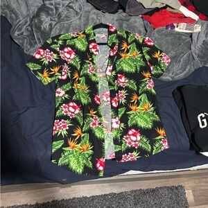Tropical Floral Button-Down Shirt - Black, Green, Red
